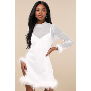 Lulus Immaculate Charisma White Mesh Feather Long Sleeve Mini Dress - Size S